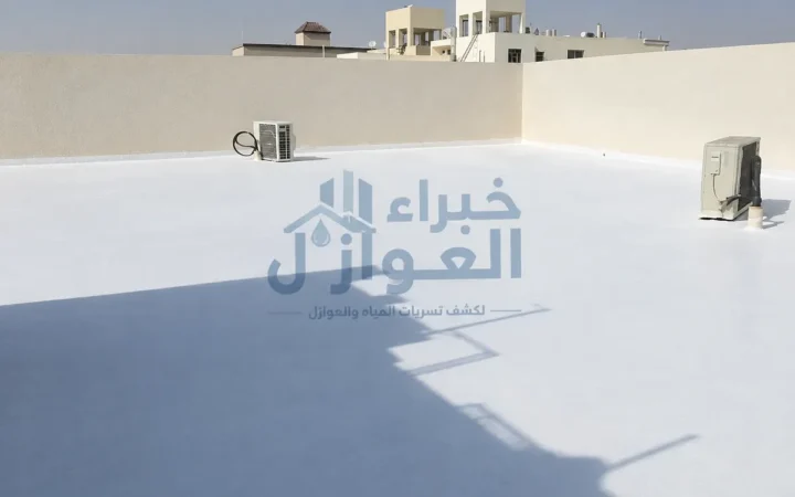 سطح مبنى واسع بعد تنفيذ طبقة العزل البيضاء