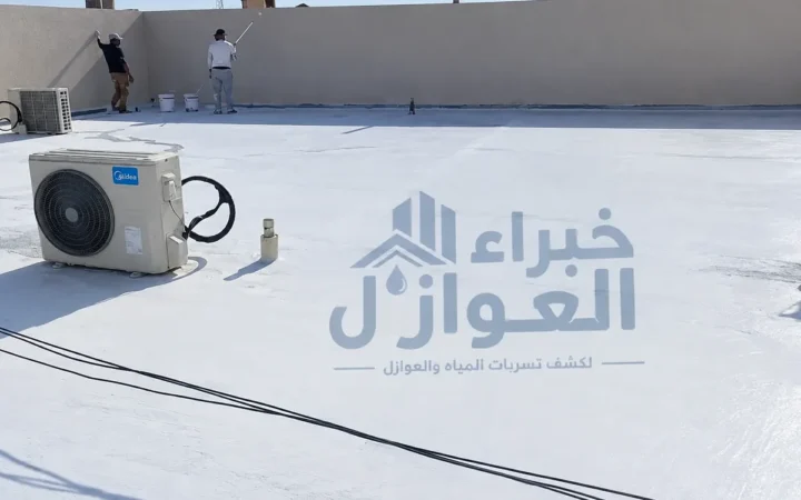 فريق العمل أثناء تنفيذ العزل على سطح مبنى